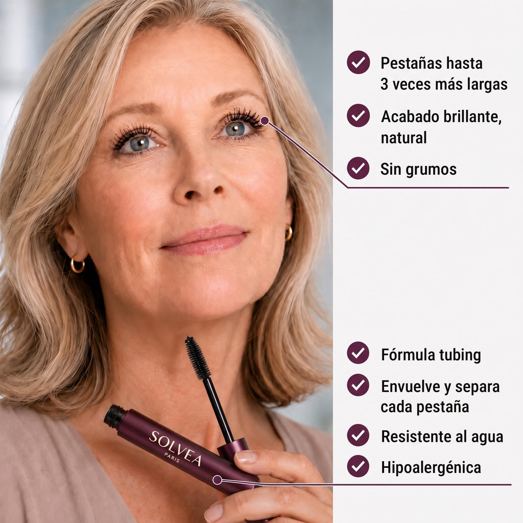 Los beneficios de la Máscara Tubing Solvéa: pestañas hasta 3 veces más largas, sin grumos, fórmula tubing