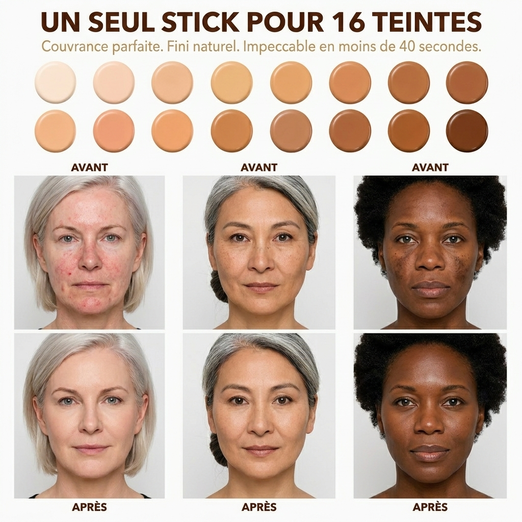 Un seul stick pour 16 teintes - avant après fond de teint Lunora