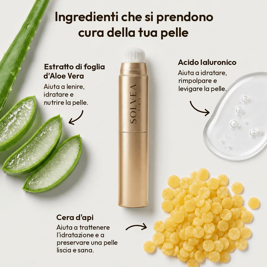 Stick de teint Solvea Paris et ses actifs, aloe vera et acide hyaluronique