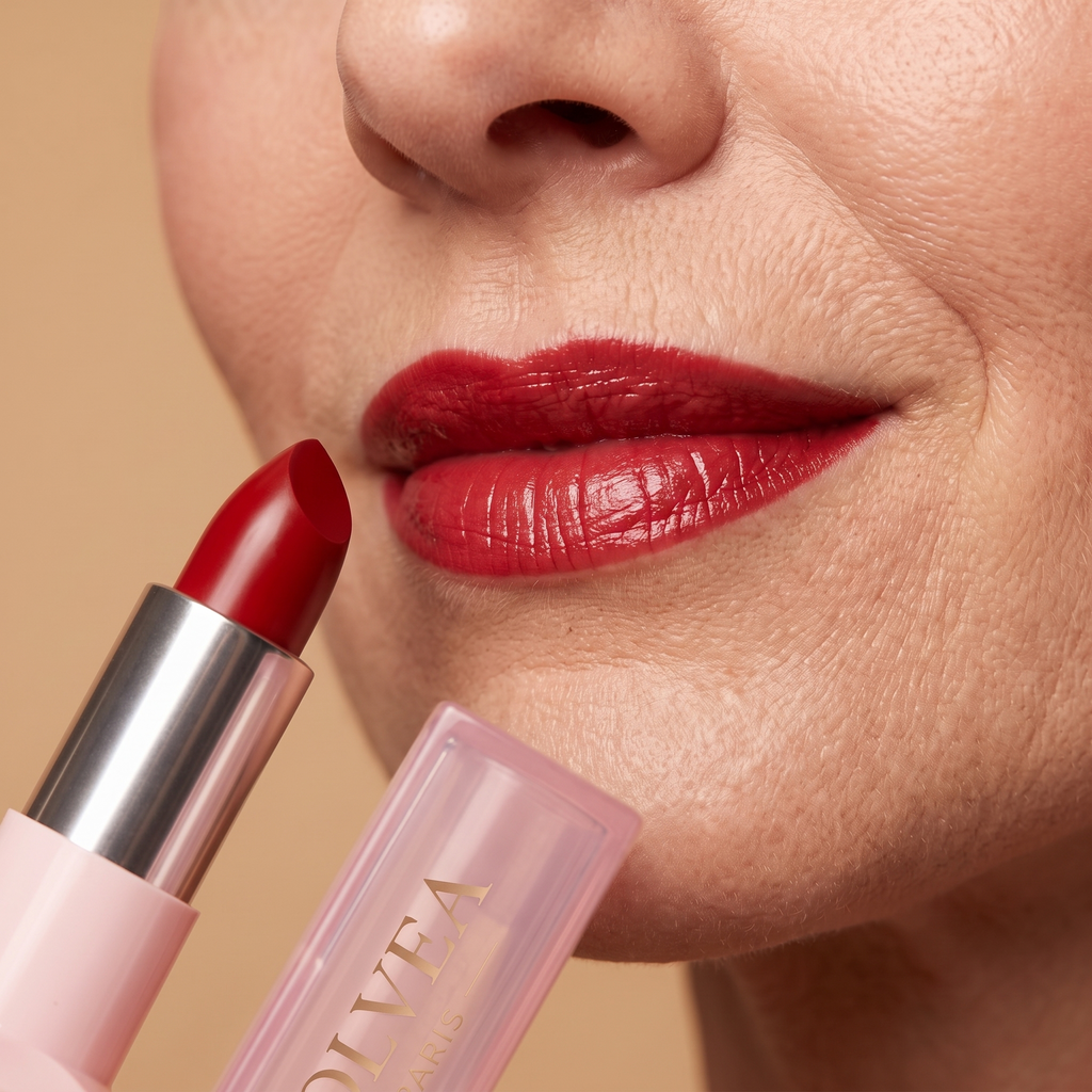 Solvea Velours Rouge Classique porté sur les lèvres