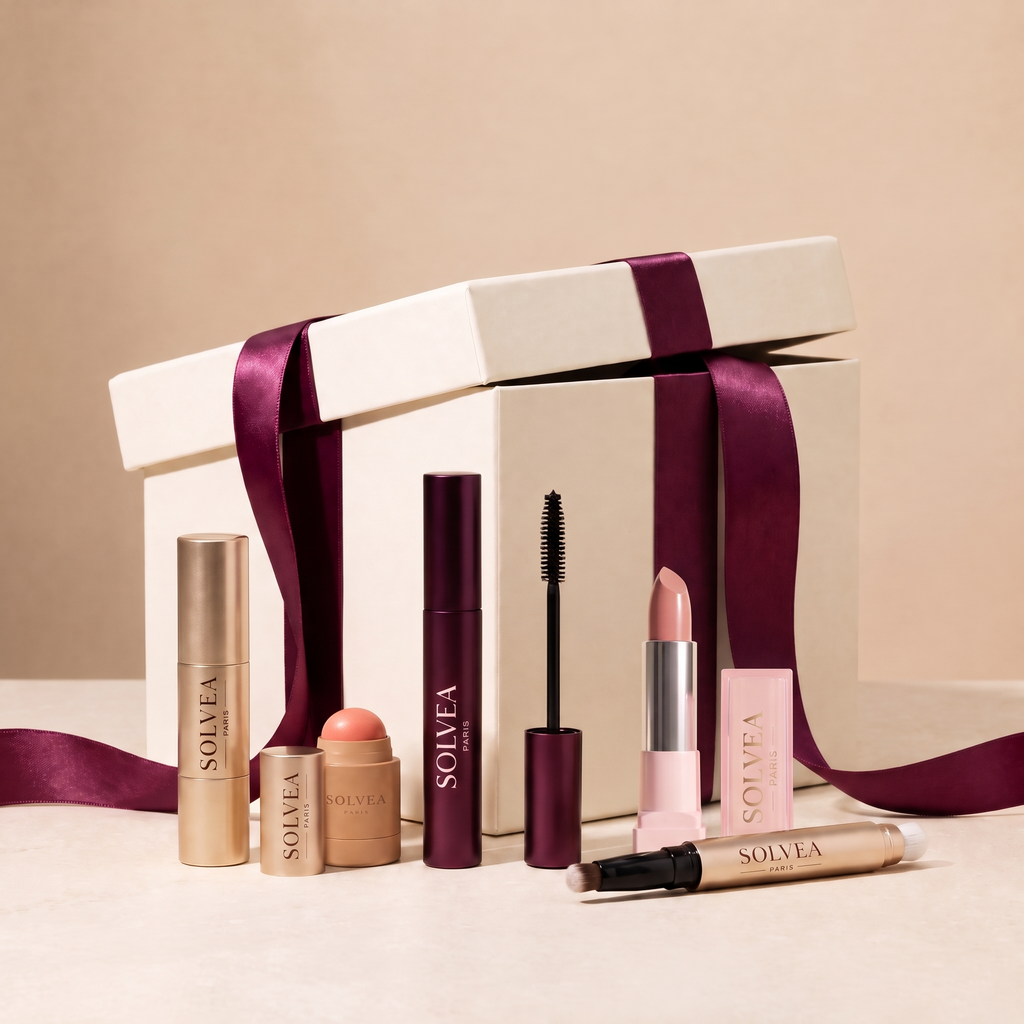 Le Coffret Signature — les cinq essentiels Solvea dans leur boîte ruban prune